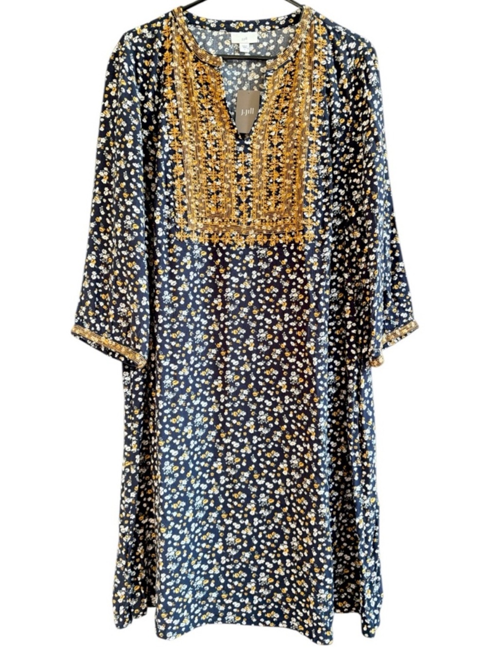 NWT J. Jill Navy Ditsy Floral Embroidered Shift Dress Size Large Retail $119.00